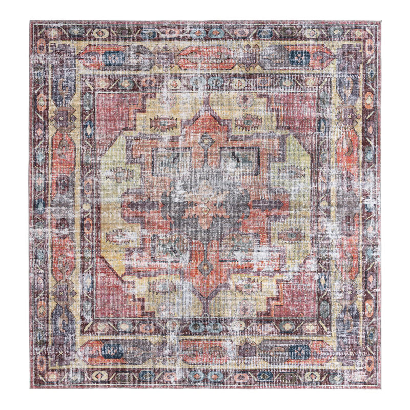 Heffron Performance Yellow/Pink Machine Washable Rug, Square 10'6" x 10'6"
