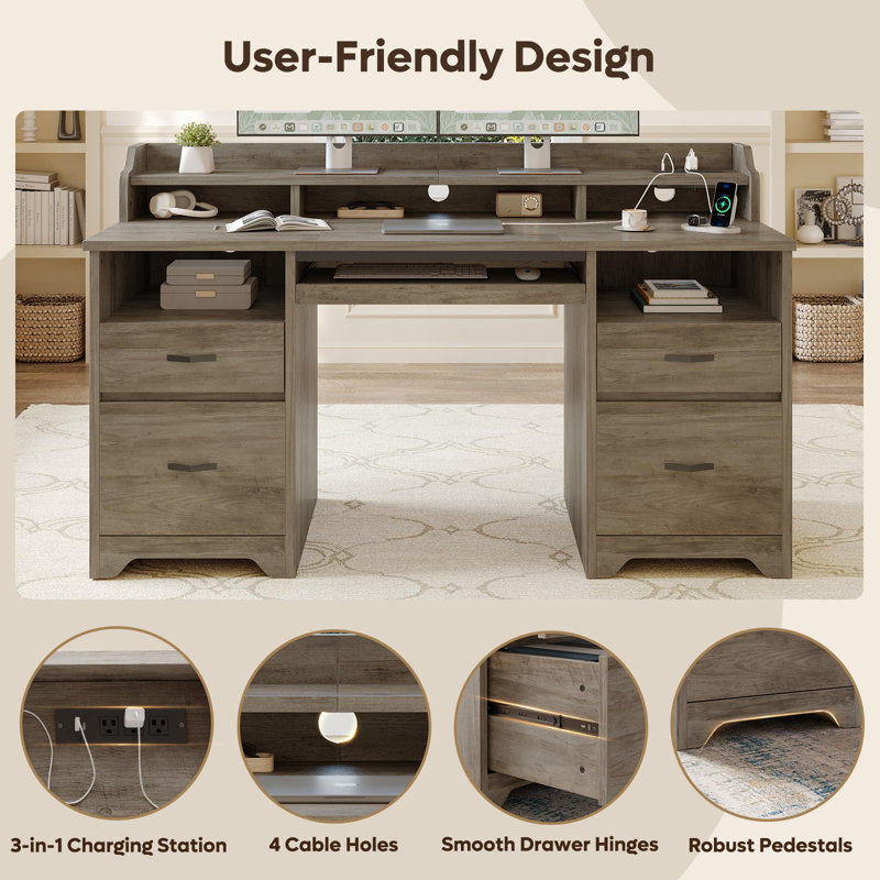 59" Executive Computer Desk with Power Strip, Home Office Desk with 2 Storage and 2 File Drawers, Gray