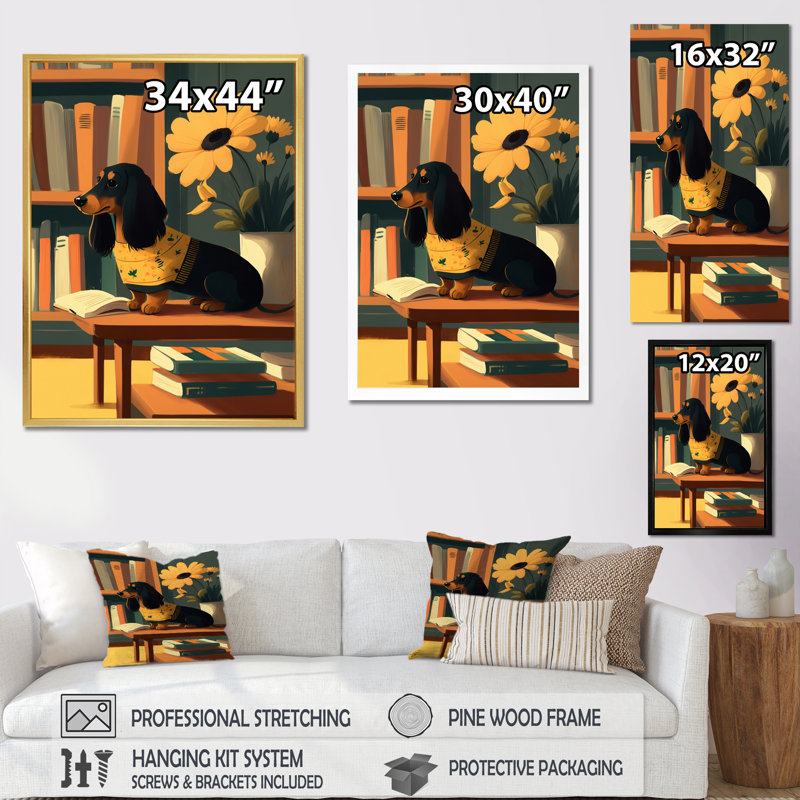 Adorable teckel avec un chandail jaune sur une chaise sur toile, H 40 po x l 30 po, Toile tendue