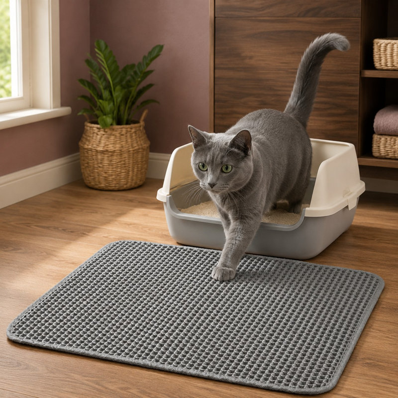 This 23.5 in L x 17.5 in W double-layer litter trapping mat combines waterproof and urine-proof protection with scatter control, anti-tracking performance, a non-slip design, and a soft surface for kitty paws.