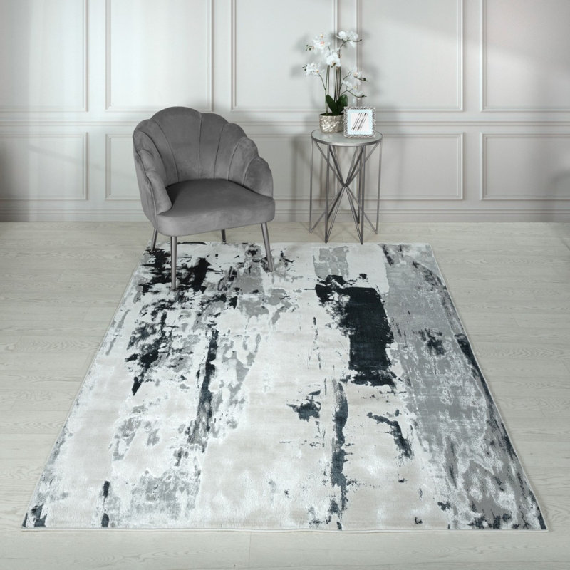 Grey Modern Easy To Clean Abstract Rug For Dining Room Bedroom And Living Room, Chenille/Cotton, Rectangle 120 x 170cm