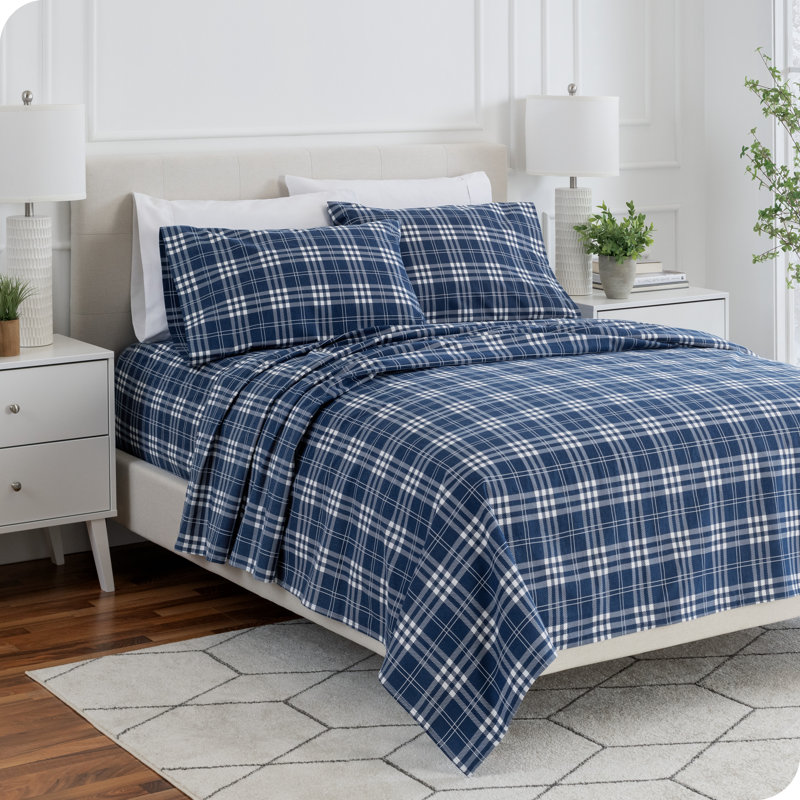 Flannel Machine Woven Plaid Sheet Set, Queen Sheet Set with 2 Pillowcases, Blue/White Stirling Plaid