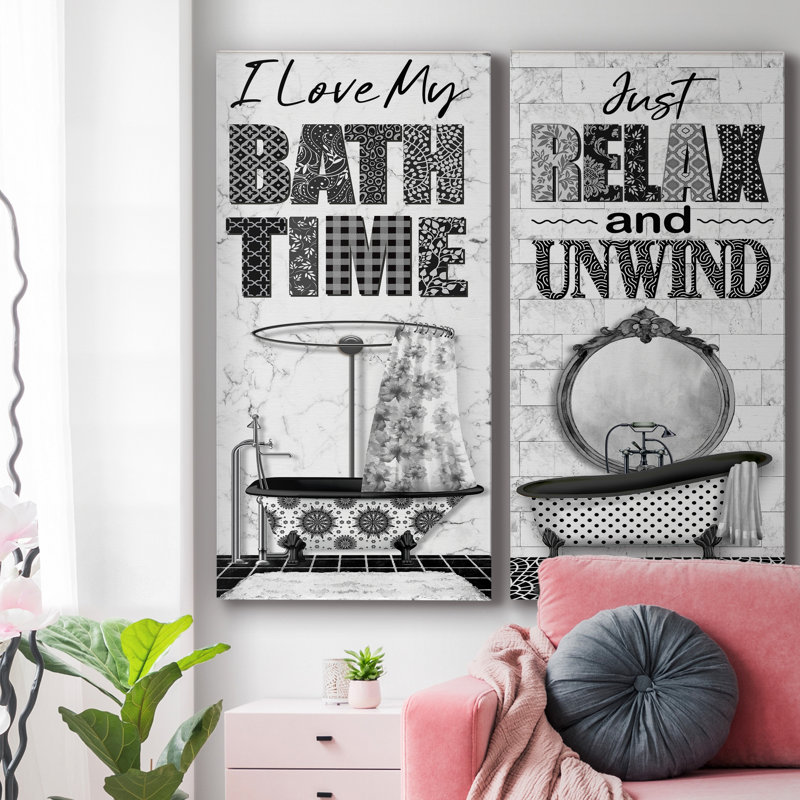 I Love My Bath Time - ensemble d'art textuel sur toile tendue 2 pièces, H 16 po x l 16 po x P 1 po