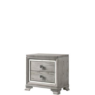 Contemporary Nightstand For Bedroom, Gray Finish, Two - Drawer Design, Bevel Mirror, 30 Inches Deep, 17.5 Wide, 29.4 High, Solid Wood Bedroom In Style, Grey Color, Drawers, Mirror Accents, 30" X