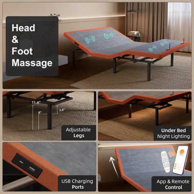 Adjustable Bed Frame With Pillow Tilt, Massage, Wireless Remote, App Control, Underbed Light, USB & Type C Ports on both sides