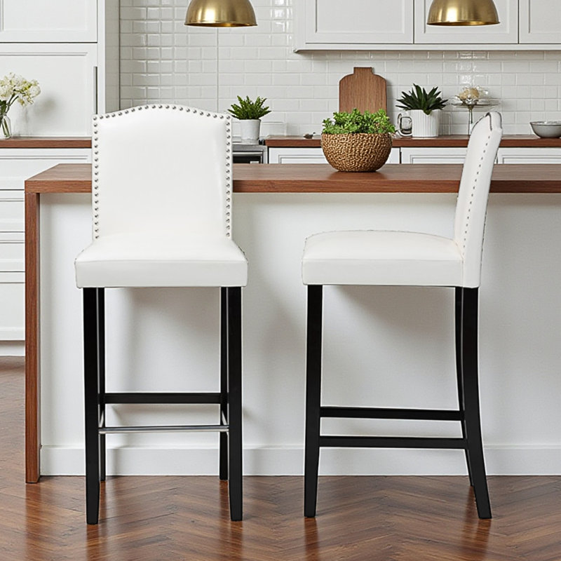 Bloom Modern Nailhead Bar Stool in White/Black, 44.39'' H X 18.26'' W X 21.22'' D (Set of 2), White