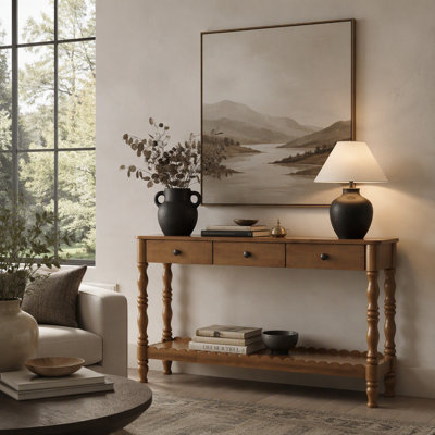 Console en bois massif pour entrée, table d'appoint à deux niveaux en bois à placer derrière le canapé, avec pieds en bois sculpté de style vintage