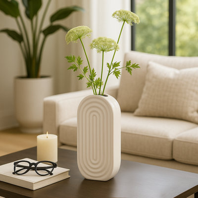 Decorative Textured Ceramic Table Vase for Living Room Accent - Modern Oval Flower Vase for Office Display and Home Decor