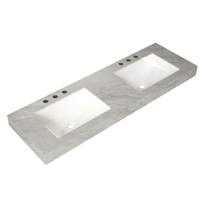60" Carrara Grey Vein Sintered Stone Top&2 Undermount Ceramic Basins with 3 Standard Pre-drilled Faucet Holes, NO Cabinet, NO Faucet and Sink Cover, Suitable for LULA, EIDEN, FINO, MURI etc. 