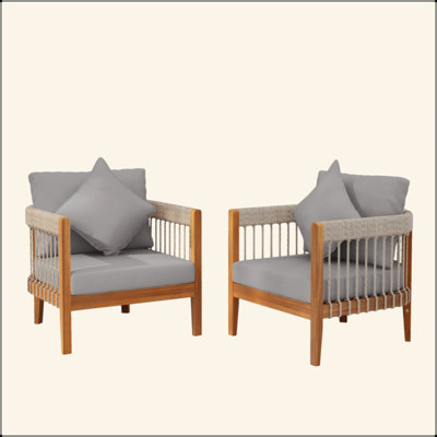 Fauteuil club d'extérieur en bois d'acacia avec détails en corde tissée à la main et dossier incurvé - Chaise longue de patio Boho résistante à l'eau avec coussins amovibles pour la véranda