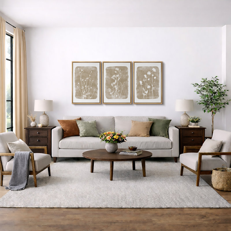Minimal Botanical "Neutral Beige Rustic Botanical Floral Artwork, Vintage Simple Wildflower Living Room Pictures, Framed Canvas Giclee Print 3 Pieces Wall Art" 16"x24"x3 pcs, 24"x36"x3 pcs