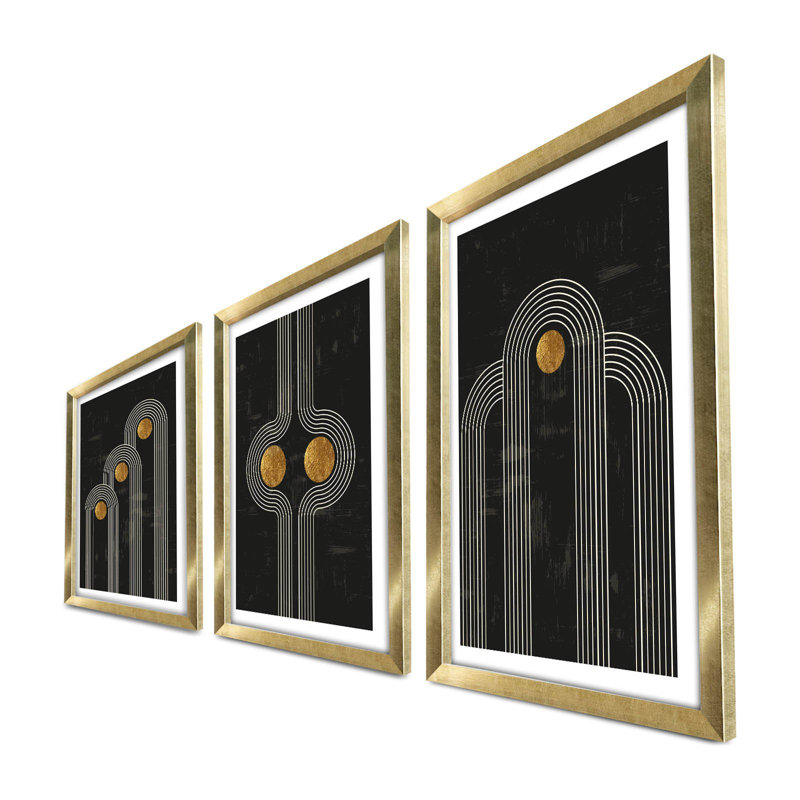 Elegant Decorative Framed MDF Painting Set (3 Pieces), Gold & White & Black, 15.0 x 21.0 inches Each | 100% MDF (Thickness: 0.1 inches) & 100% Wooden Frame (Thickness: 0.9 inches) | Perfect for Home Décor & Gallery Walls
