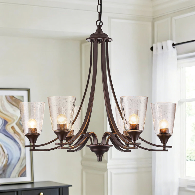 Lustre classique / traditionnel en bronze huilé à 6 lumières avec abat-jour en verre bullé, Bronze frotté à l'huile
