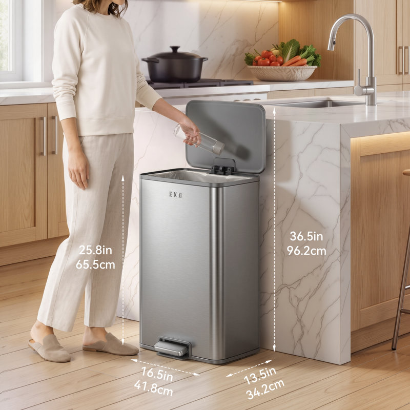 EKO Marina 50L / 13.2 Gal Rectangular Stainless Steel Kitchen Step Trash Can with Soft-Close Lid and Removable Inner Bucket