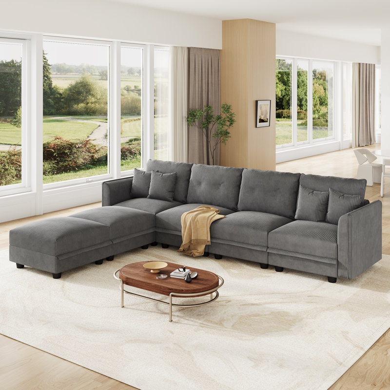 Canapé modulaire convertible 6 places en velours côtelé avec rangement, 4 coussins de dossier et 4 coussins décoratifs