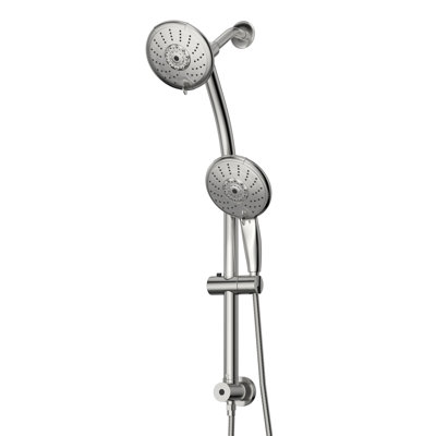 Pomme de douche double 5 pouces avec barre coulissante réglable Lsi, 5 réglages, finition chromée, forme ronde, fabrication en plastique, fixation murale, débit de 1,8 gal / min