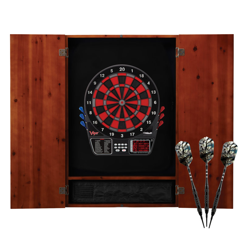 Cinnamon Pine Electronic Dartboard Cabinet Set with Soft Tip Darts
