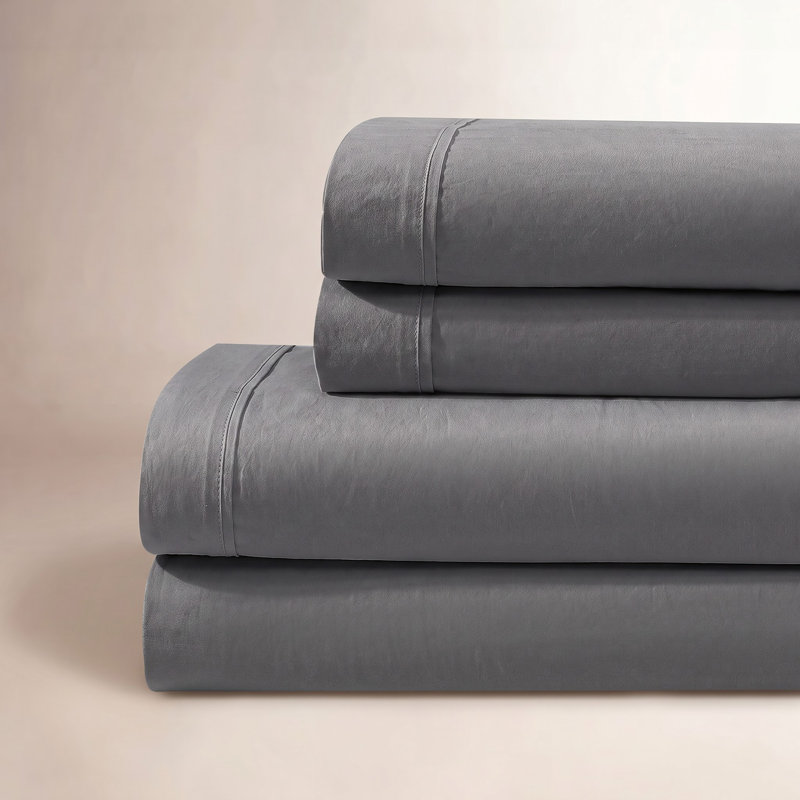 Calvin Klein Washed Cotton Percale Sheet Set, King Sheet Set with 2 Pillowcases, Dark Gray