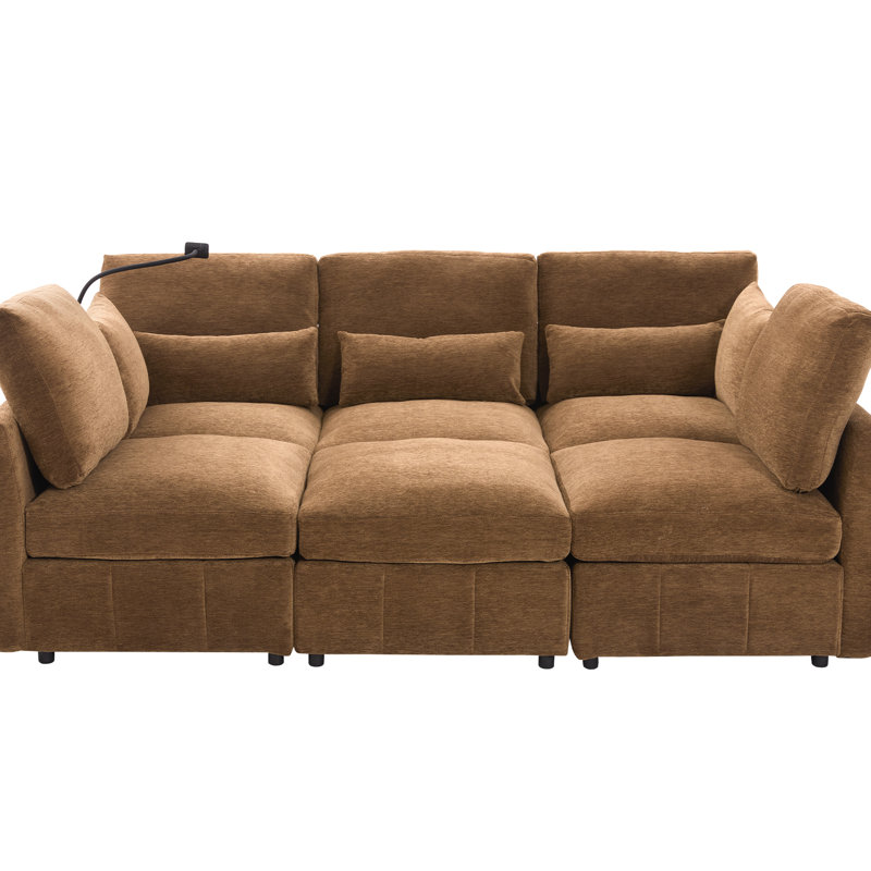 Brown 85.4" Multi - Functional Modular Sectional With Charging Ports, Phone Holder, And Lumbar Pillows For Contemporary Home Decor L Shaped Movable , Ergonomic Flexible Furnishing