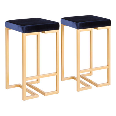 Midas 26" Contemporary-Glam Counter Stool In Gold With Blue Velvet Cushion By Lumisource -  2