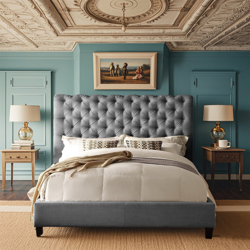 Structure de lit rembourrée en tissu avec tête de lit réglable / style Chesterfield / support à lattes de bois, Gris, Double