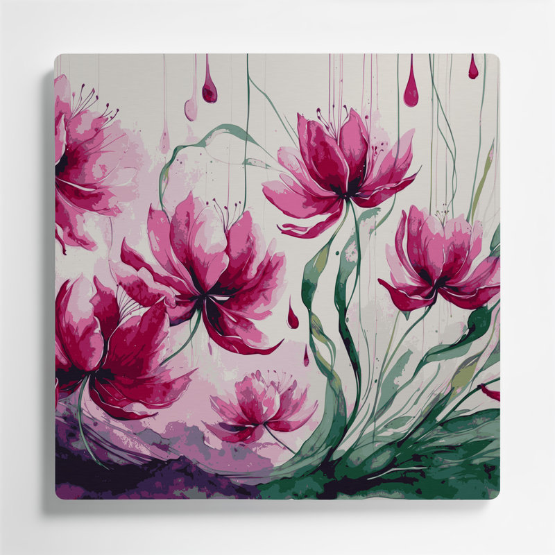 Art mural en métal beige botanique fuchsia, H 144 po x l 144 po x P 0,05 po