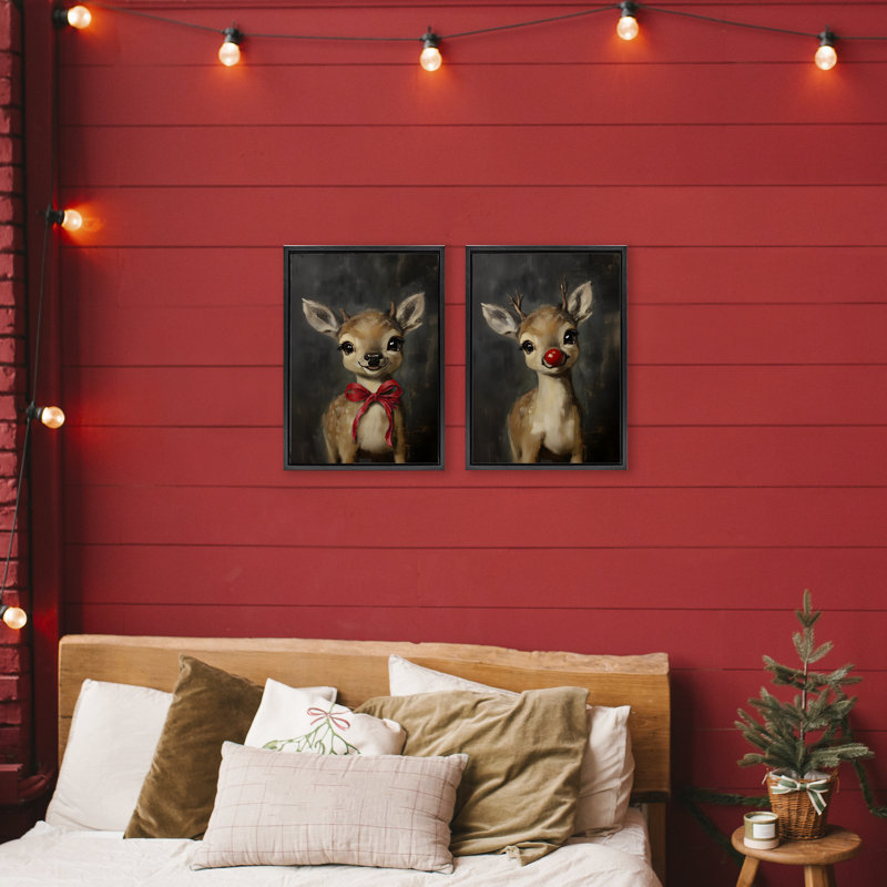 Baby Reindeer Characters 2pc Floating Frame Set, design by Lettered and Lined, Jet Black Floater Frame, 25" H x 17" W