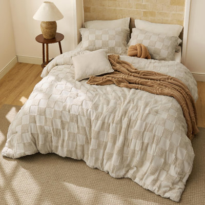 Ensemble d'édredon très grand beige, ensemble de lit à carreaux touffeté Boho, 3 pièces, 1 édredon et 2 taies décoratives