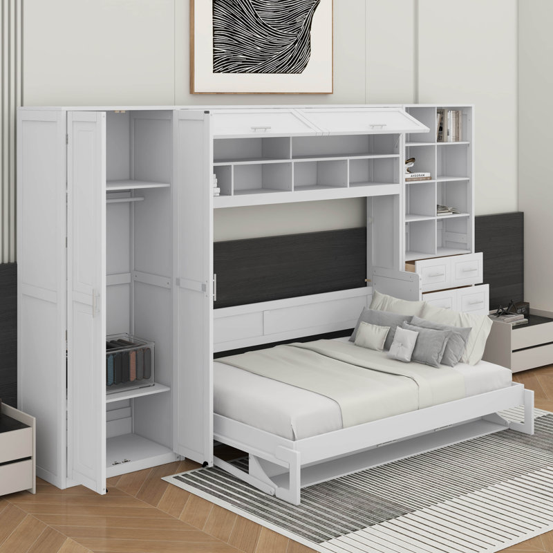 Lit escamotable double avec placard, tiroirs et tablettes, Lit double, Blanc