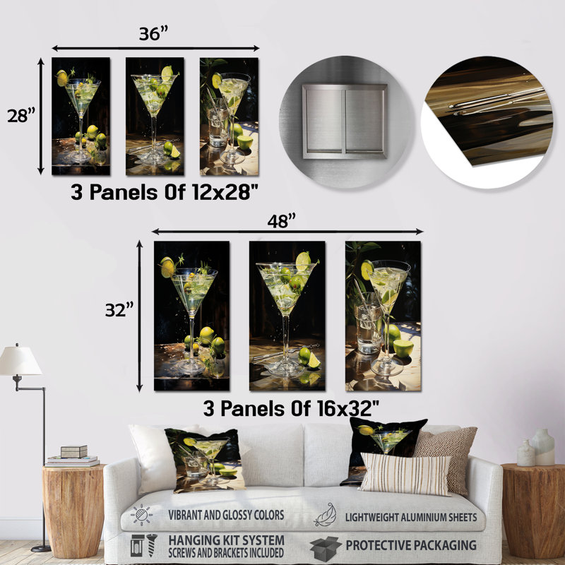 «Dirty Martini Mirage Cocktail», ensemble de 3 impressions murales sur métal, H 28 po x l 36 po