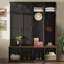 Arbre d'entrée de style campagnard avec 4 crochets cachés, banc polyvalent en noyer avec 8 portes, armoire à chaussures d'entrée avec compartiments ouverts-117250476
