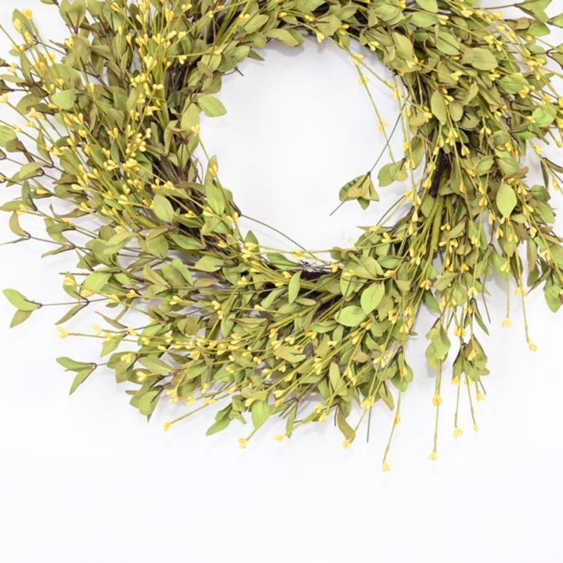 Couronne de printemps artificielle 24 po à fleurs, Vert / Jaune