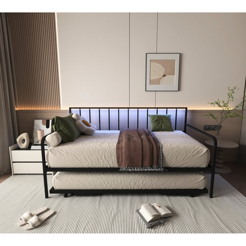 Black Twin Daybed With Lighting, Charging Station & Trundle, Height Adjustable Bed For Bedroom, Living Room, Guest Room - Steel Frame, Easy To Up Size Lights, Power Ports Metal Strong Slats,