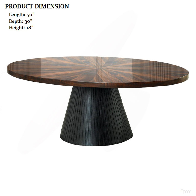 Table basse ovale de style contemporain avec motif de parquet et base de tambour, finition noire, salon principal