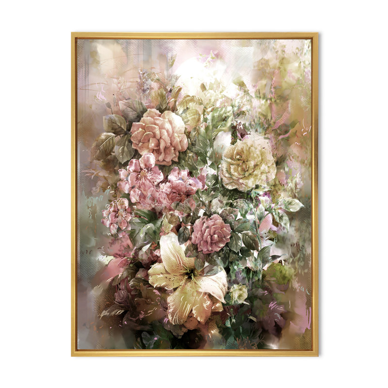 «Grunge rose vert été fleurs II», reproduction d'art sur toile traditionnelle