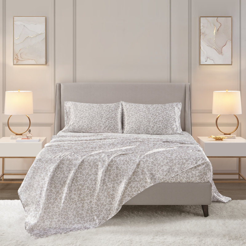 Printed Satin Wrinkle Resistant Luxury Sheet Set, Twin Sheet Set + 1 Standard Pillowcases, Taupe Leopard