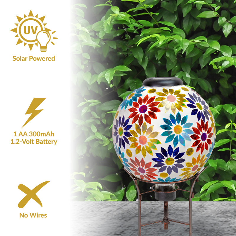 Globe terrestre extérieur en verre mosaïque 10 "avec fleurs solaires Vas Blue Cool Blossoms, Simple, Dahlias d'été