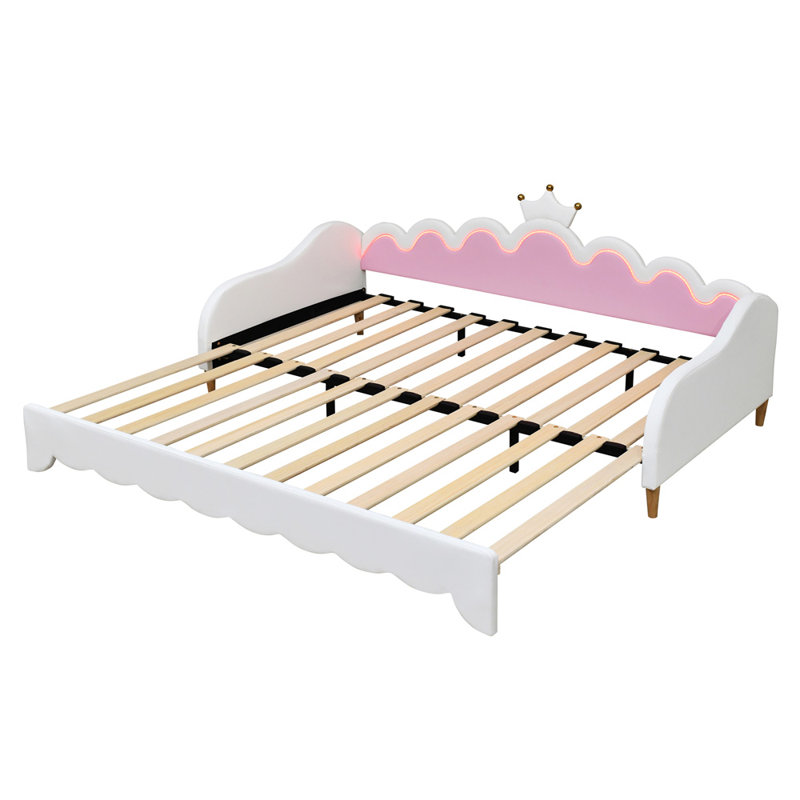 Extending Daybed with LED Lights, Modern Upholstered Princess Daybed, Pink/White