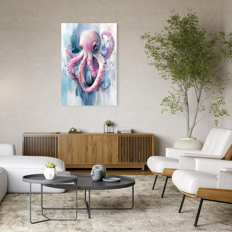Pieuvre rose éclatante, art abstrait coloré, pieuvre moderne, océan, H 48 po x l 32 po