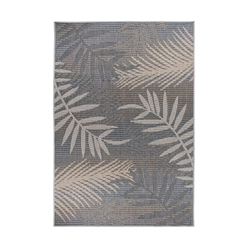 Tapis intérieur / extérieur Bahama Palm Frond gris / ivoire / bleu, Rectangle 5 pi x 7 pi