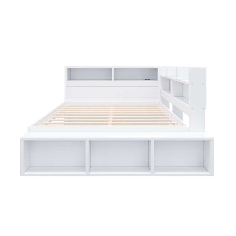 Full Size Daybed with Storage Cabinets, Shoe Rack & USB Charging Ports – Space-Saving Wooden Bed, White, White