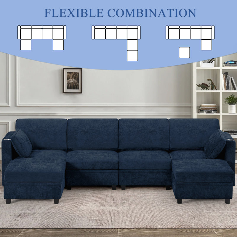 110" U-Shape Sectional Sofa W/Adjustable Backrests, 6-Seat Modular Couch W/Ample Storage Space, Chenille Upholstered Sofa W/Usb Port & Cup Holders For Livingroom, Bedroom