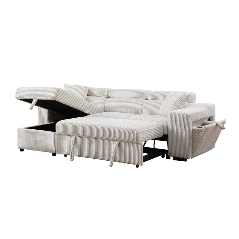 Adigun 97" Sofa Sleeper with Storage Chaise and Wireless Charger, Beige Corduroy