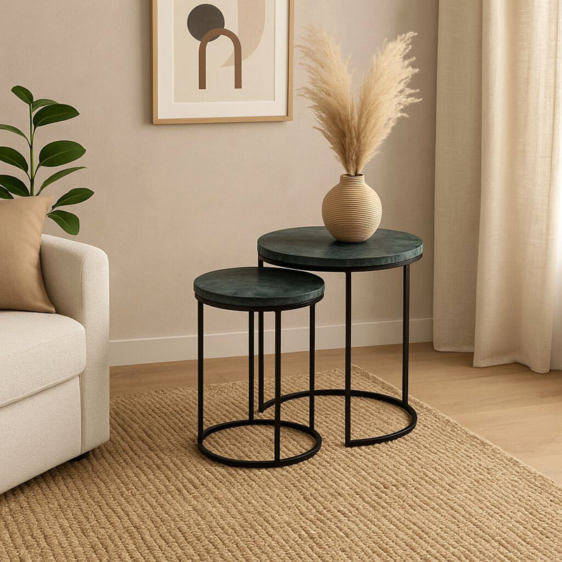 Ensemble de 2 tables basses gigognes en marbre avec structure en métal, Vert, Noir