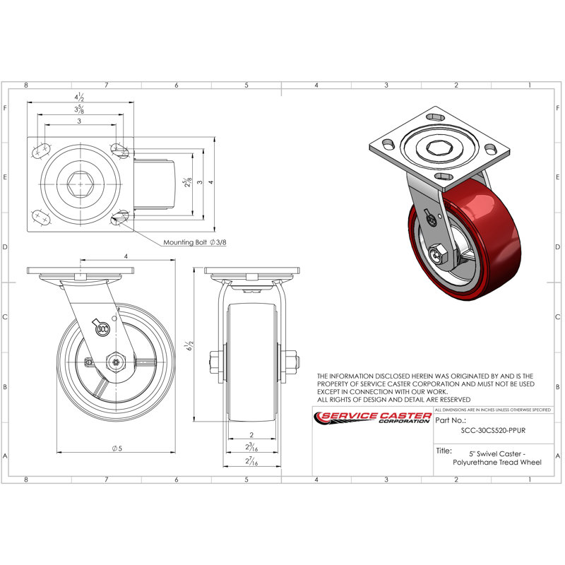 4 Piece Polyurethane Caster Set with Roller Bearings 2 Brakes