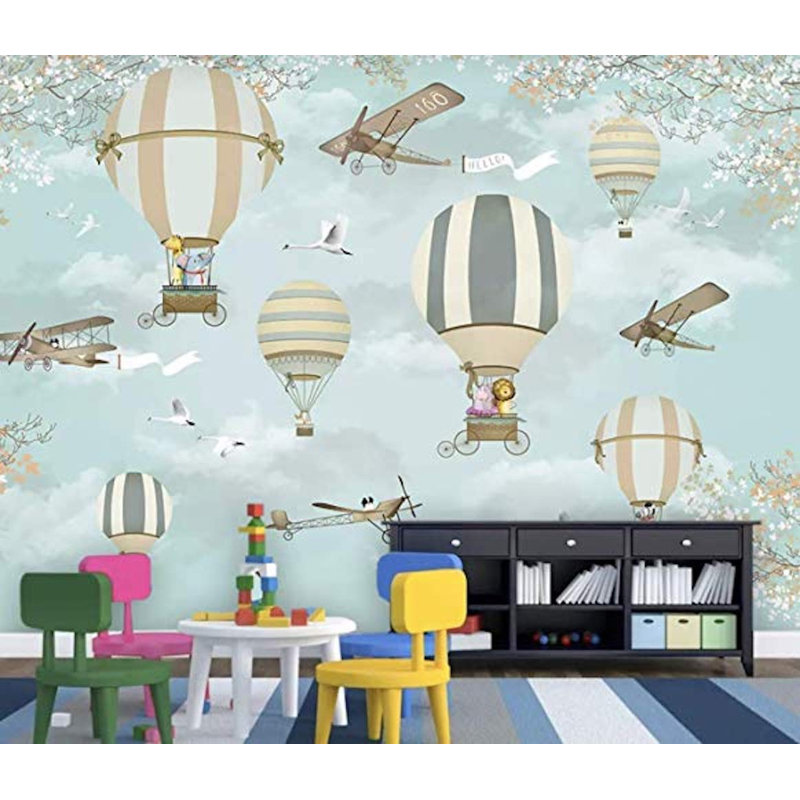 Papier peint amovible avec petite montgolfière, animaux et aéronefs, L 9 po x l 15 po