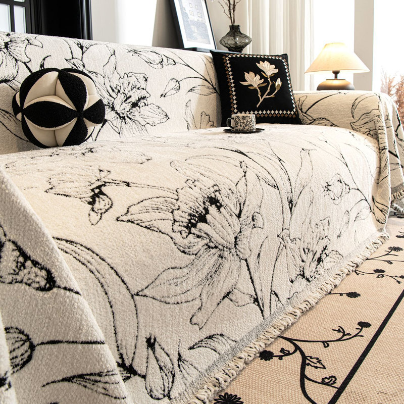 Housse de canapé Flower Boho, 71" H x 150" W, Chenille noir