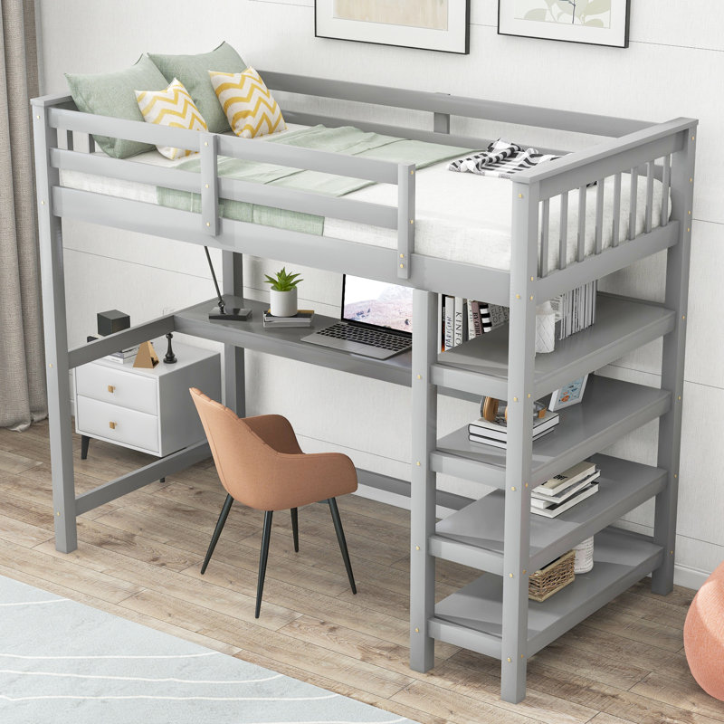 Lit mezzanine avec bureau intégré et tablettes, Gris, Simple