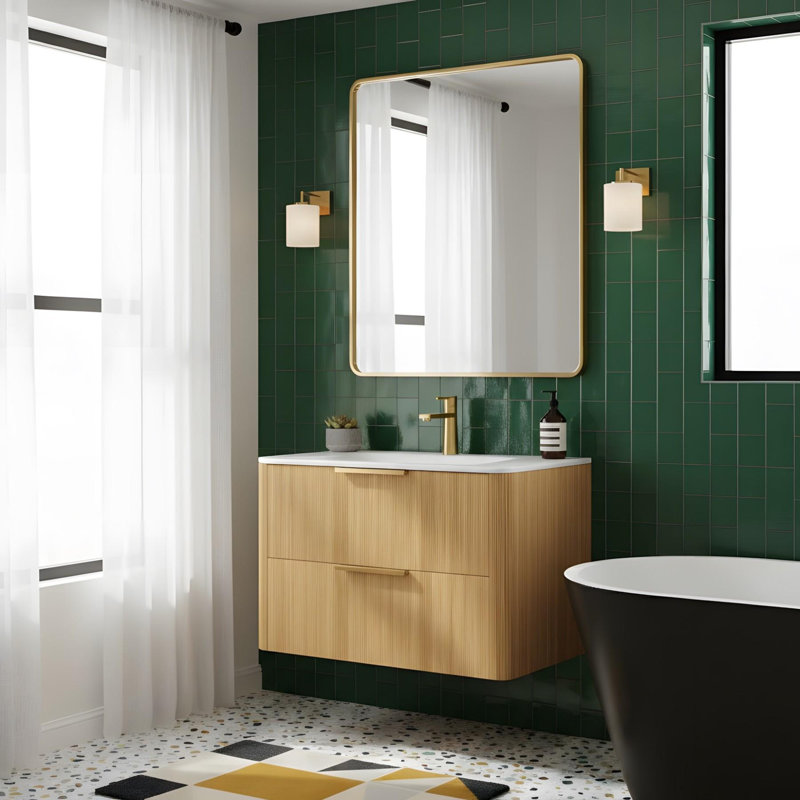 Meuble-lavabo mural 30 po avec 2 tiroirs et lavabo en céramique Carrara, 30", Chêne clair
