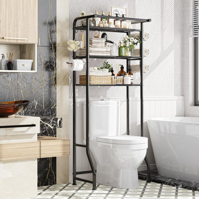 Simple Trending Over The Toilet Storage Cabinet, Metal Bathroom Shelf Organizer with Paper Holder and Hooks